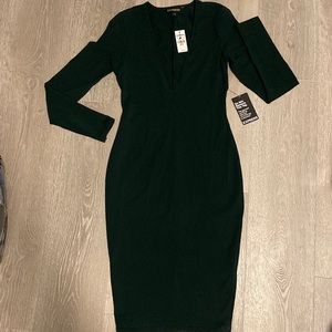 NWT Express Deep V-Neck Long Sleeve Fitted Dress | XS | Dark Green